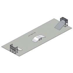 Exemple de configuration pour une plateforme enrobé de 25 x 9 m : lanceur double/lanceur droit/chin bank/slide horizontal